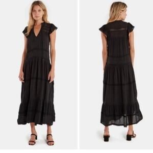 Free People black sheer midi dress cap sleeves V-neckline tiered lace Swiss dot